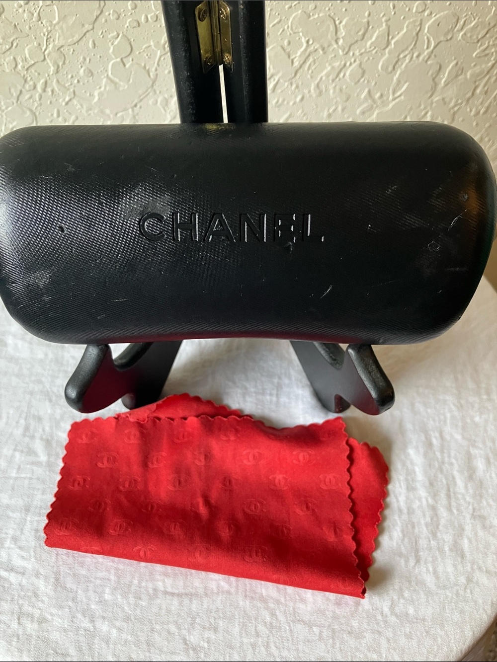 CHANEL: Black Hard Sunglasses Case- Red Logo Microfiber Cloth- Marks on case